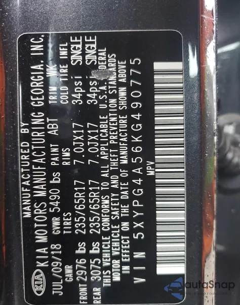 2019 Kia Sorento Lx from USA, damaged, VIN 5XYPG4A56KG490775